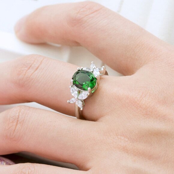 ✨ Dainty Oval Green Zircon Emerald Elegant Silver Rings for Women, EVGG1252 - Picture 6 of 6